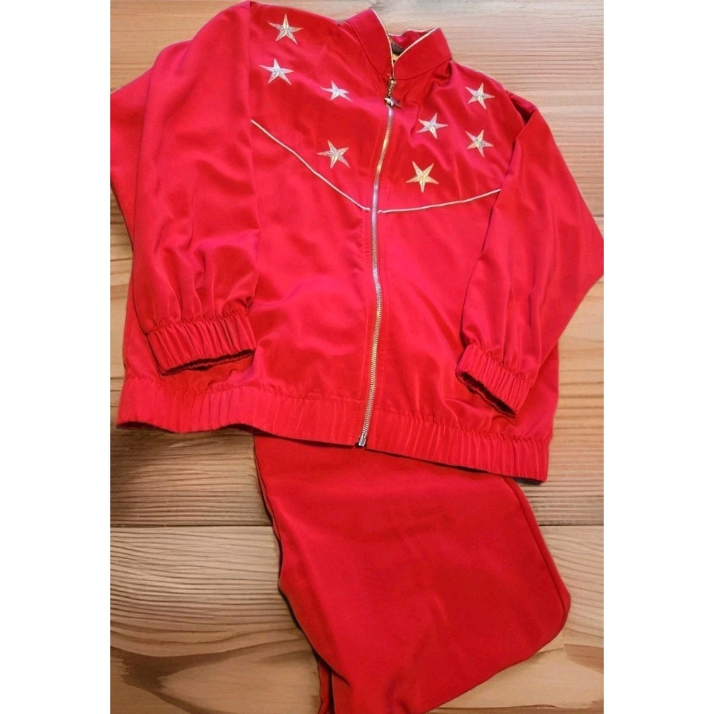 Vintage 80s Silver Threads Star Tracksuit Set USA Deep Rose Red Jacket Pants M/L